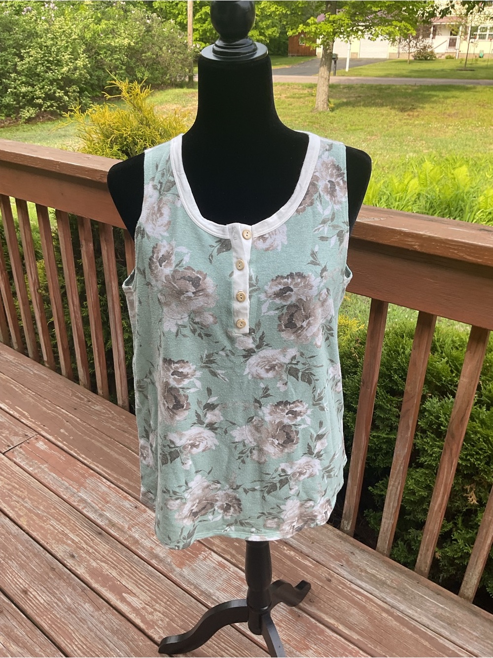 Sleeveless Mint Floral Henley Tank Top terry fabric